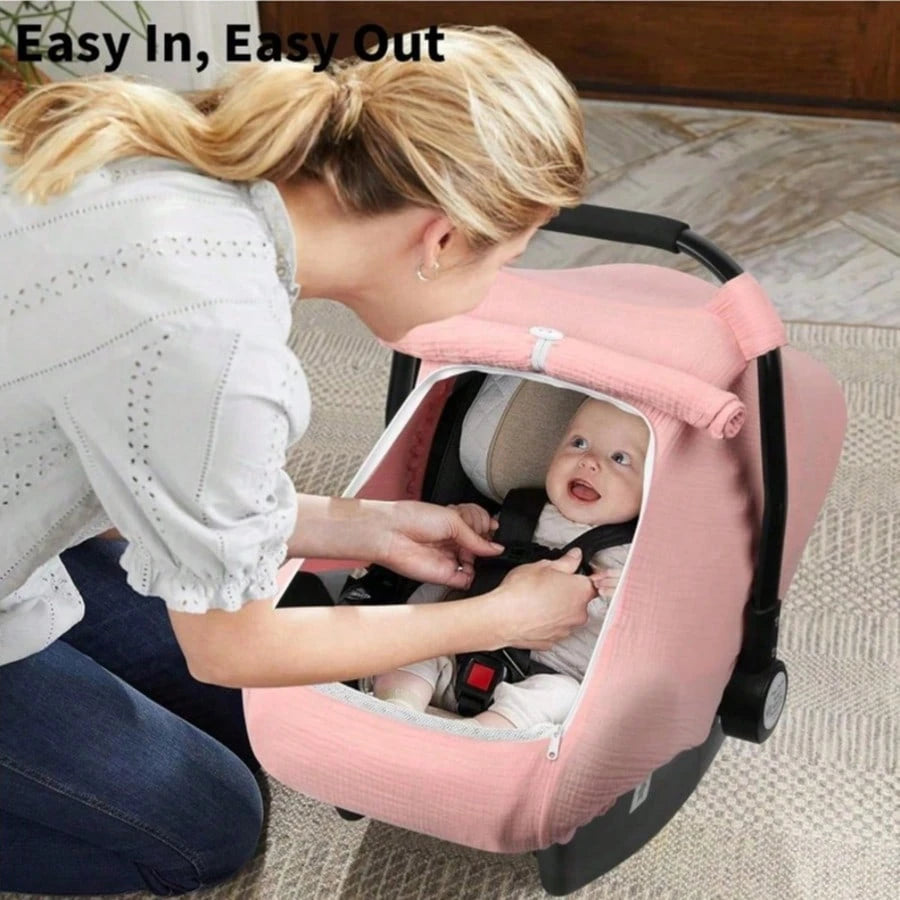 1pc Rquite Car Seat Cover Baby, Carseat Covers Girl Boy, Breathable Muslin Cotton, Large Mesh Window, Infant Car Seat Canopy Baby Carrier Cover Stroll