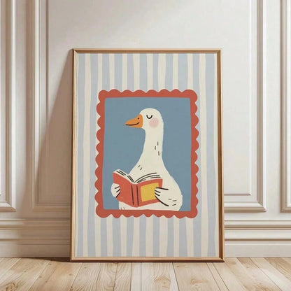 1pc Silly Goose Reading Book Nursery Canvas Wall Art,Baby Room Decoration, Poster Blue Cute Funny Animal Boho Wall Art Print Minimalist Kids Posters For Room, Nursery Decor, Room Decor Painting For Pl