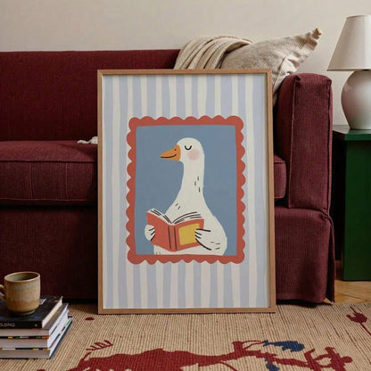 1pc Silly Goose Reading Book Nursery Canvas Wall Art,Baby Room Decoration, Poster Blue Cute Funny Animal Boho Wall Art Print Minimalist Kids Posters For Room, Nursery Decor, Room Decor Painting For Pl