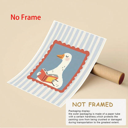 1pc Silly Goose Reading Book Nursery Canvas Wall Art,Baby Room Decoration, Poster Blue Cute Funny Animal Boho Wall Art Print Minimalist Kids Posters For Room, Nursery Decor, Room Decor Painting For Pl