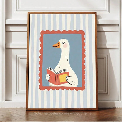 1pc Silly Goose Reading Book Nursery Canvas Wall Art,Baby Room Decoration, Poster Blue Cute Funny Animal Boho Wall Art Print Minimalist Kids Posters For Room, Nursery Decor, Room Decor Painting For Pl