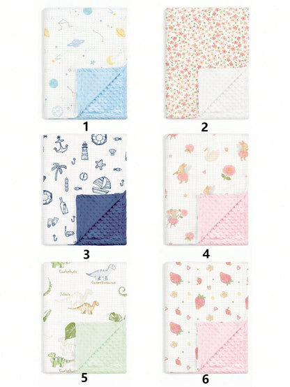 1pc Soft & Comfortable Baby Blanket, Newborn Pure Cotton Gauze Dotted Fleece Swaddle Wrap, Cartoon Printed Small Blanket For Boys And Girls