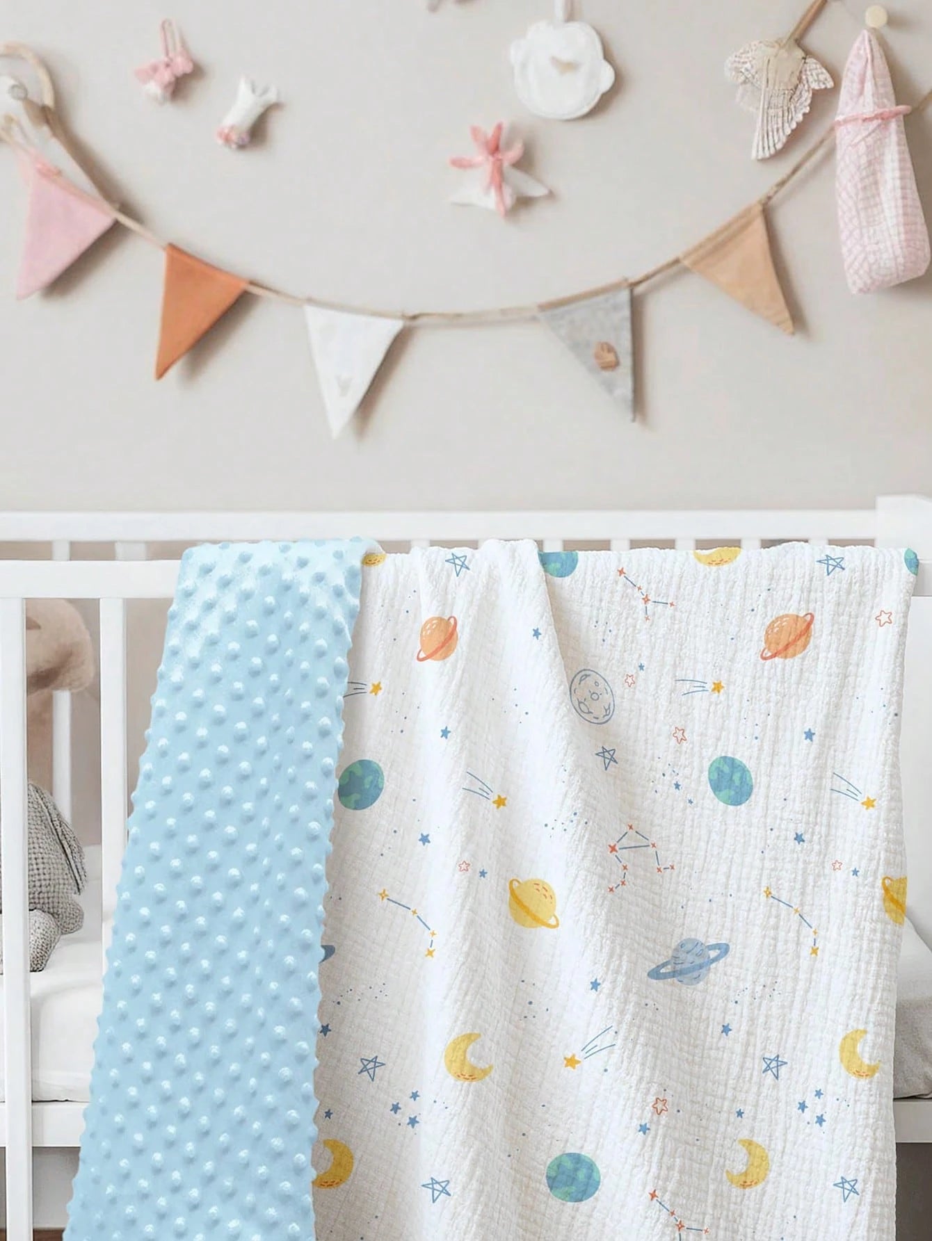1pc Soft & Comfortable Baby Blanket, Newborn Pure Cotton Gauze Dotted Fleece Swaddle Wrap, Cartoon Printed Small Blanket For Boys And Girls
