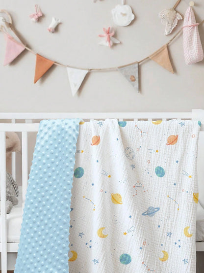 1pc Soft & Comfortable Baby Blanket, Newborn Pure Cotton Gauze Dotted Fleece Swaddle Wrap, Cartoon Printed Small Blanket For Boys And Girls