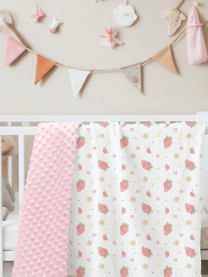 1pc Soft & Comfortable Baby Blanket, Newborn Pure Cotton Gauze Dotted Fleece Swaddle Wrap, Cartoon Printed Small Blanket For Boys And Girls