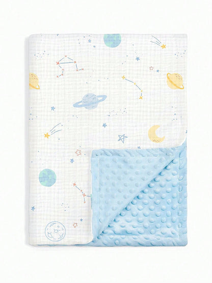 1pc Soft & Comfortable Baby Blanket, Newborn Pure Cotton Gauze Dotted Fleece Swaddle Wrap, Cartoon Printed Small Blanket For Boys And Girls