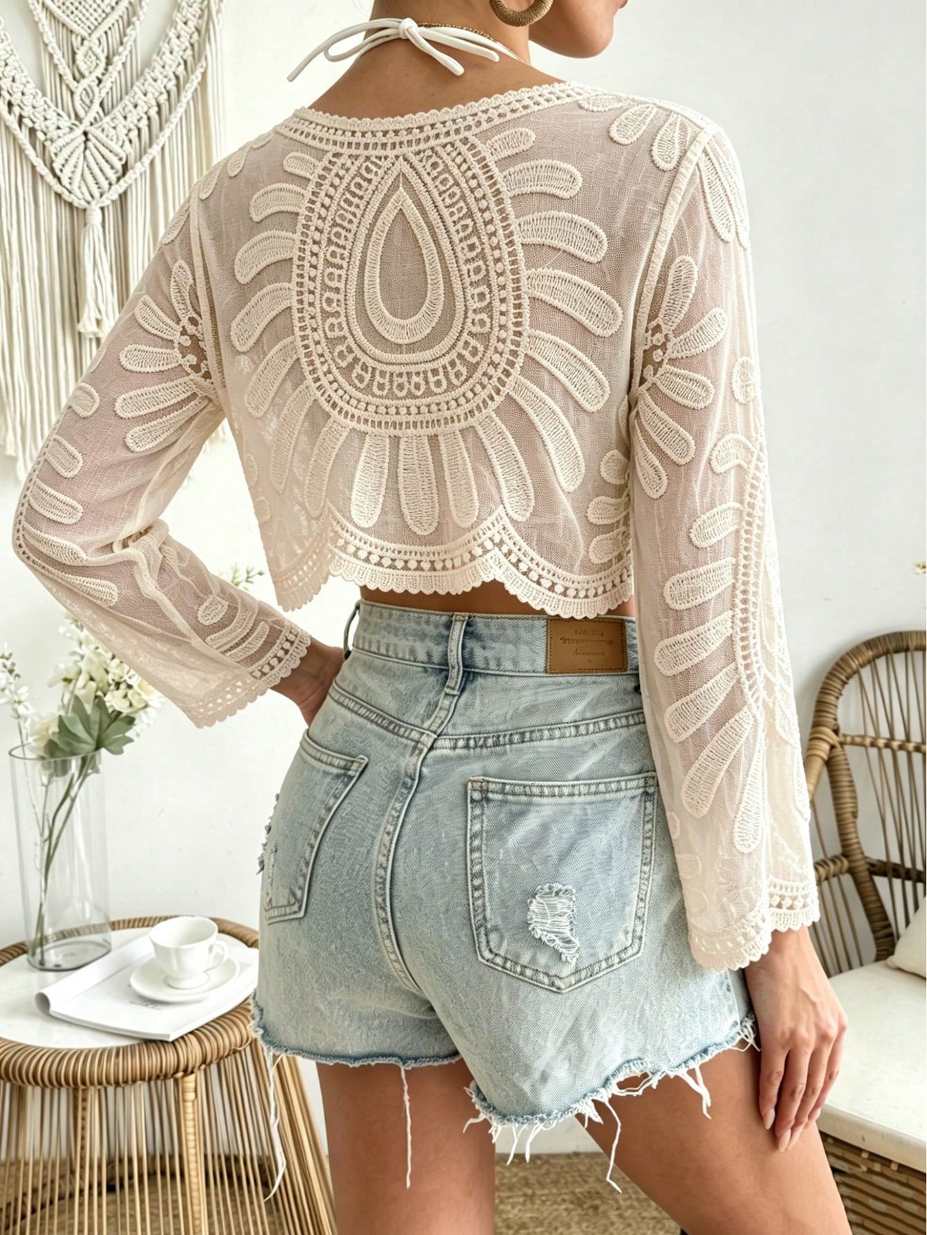 1pc Solid Color Casual Sexy Bohemian Vacation Cute Knit Fabric Women's Beach Cover-Up, Daily Stage And Concert Wear, Spring/Summer Hollow Mesh Lace Embroidery