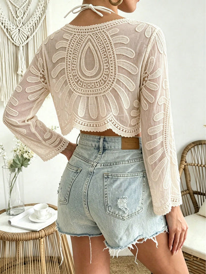 1pc Solid Color Casual Sexy Bohemian Vacation Cute Knit Fabric Women's Beach Cover-Up, Daily Stage And Concert Wear, Spring/Summer Hollow Mesh Lace Embroidery