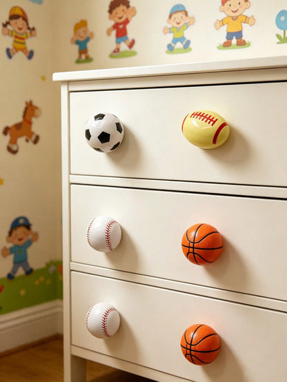 1pc Sports Ball Ceramic Cabinet Handle, Single Hole Drawer Pull, Football Basketball Baseball Rugby Shaped Wardrobe Cabinet Door Knob, Children's Room Furniture Hardware