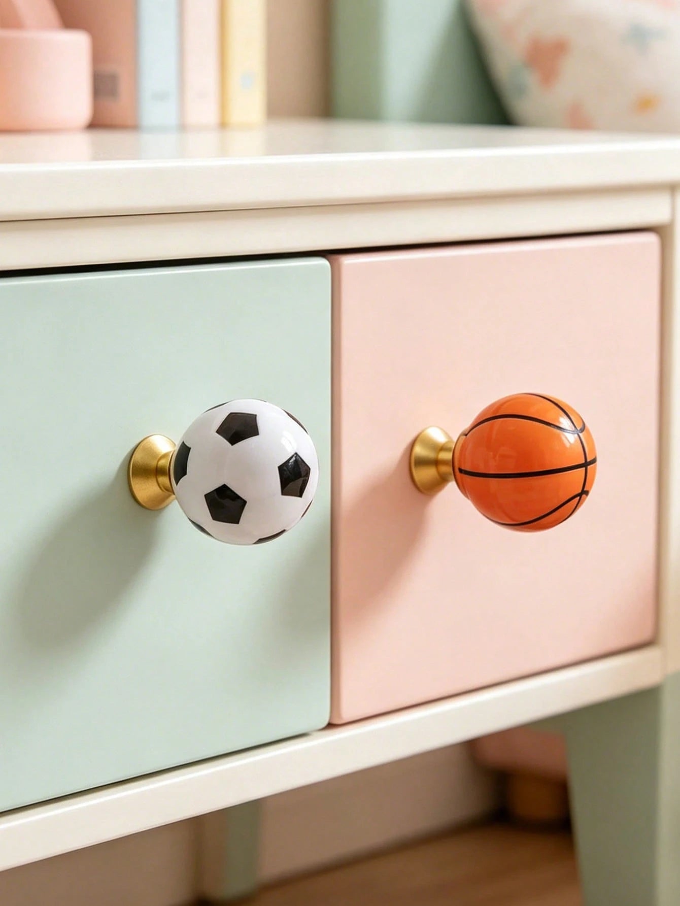 1pc Sports Ball Ceramic Cabinet Handle, Single Hole Drawer Pull, Football Basketball Baseball Rugby Shaped Wardrobe Cabinet Door Knob, Children's Room Furniture Hardware