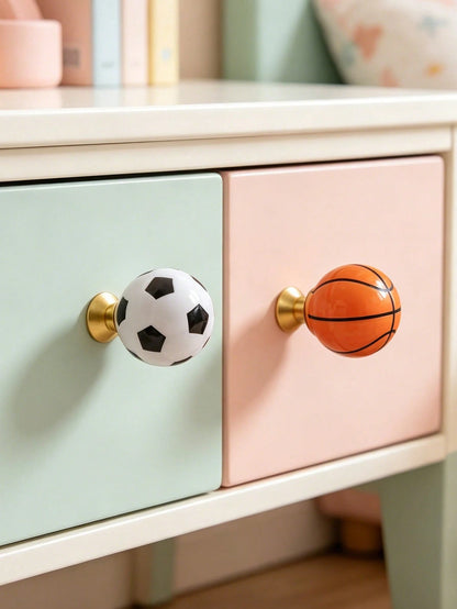 1pc Sports Ball Ceramic Cabinet Handle, Single Hole Drawer Pull, Football Basketball Baseball Rugby Shaped Wardrobe Cabinet Door Knob, Children's Room Furniture Hardware
