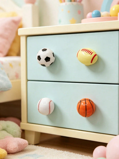 1pc Sports Ball Ceramic Cabinet Handle, Single Hole Drawer Pull, Football Basketball Baseball Rugby Shaped Wardrobe Cabinet Door Knob, Children's Room Furniture Hardware
