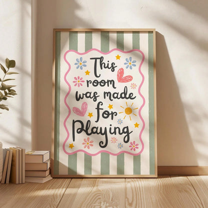 1pc This Room Is For Play Wall Art Print, Nursery Decor Quote Canvas Painting, Retro Striped Colorful Poster For Children's Bedroom, Playroom Decoration, Gift For New Parents And Toddlers, Frameless O