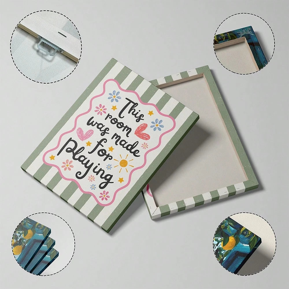 1pc This Room Is For Play Wall Art Print, Nursery Decor Quote Canvas Painting, Retro Striped Colorful Poster For Children's Bedroom, Playroom Decoration, Gift For New Parents And Toddlers, Frameless O