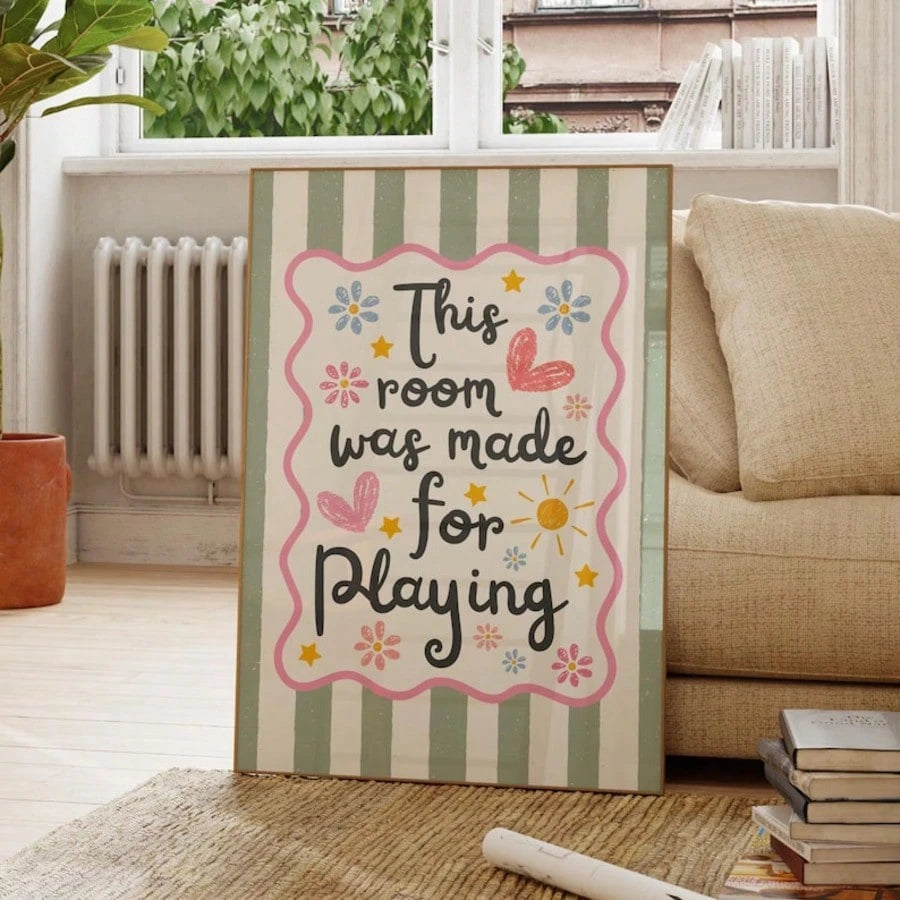 1pc This Room Is For Play Wall Art Print, Nursery Decor Quote Canvas Painting, Retro Striped Colorful Poster For Children's Bedroom, Playroom Decoration, Gift For New Parents And Toddlers, Frameless O