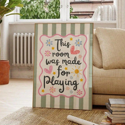 1pc This Room Is For Play Wall Art Print, Nursery Decor Quote Canvas Painting, Retro Striped Colorful Poster For Children's Bedroom, Playroom Decoration, Gift For New Parents And Toddlers, Frameless O