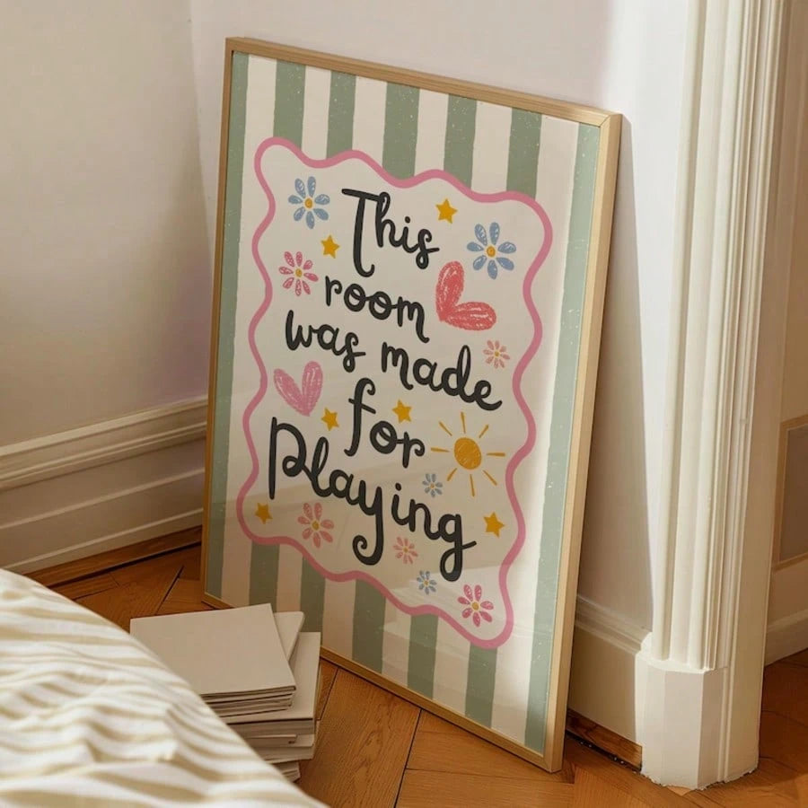 1pc This Room Is For Play Wall Art Print, Nursery Decor Quote Canvas Painting, Retro Striped Colorful Poster For Children's Bedroom, Playroom Decoration, Gift For New Parents And Toddlers, Frameless O