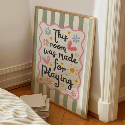 1pc This Room Is For Play Wall Art Print, Nursery Decor Quote Canvas Painting, Retro Striped Colorful Poster For Children's Bedroom, Playroom Decoration, Gift For New Parents And Toddlers, Frameless O