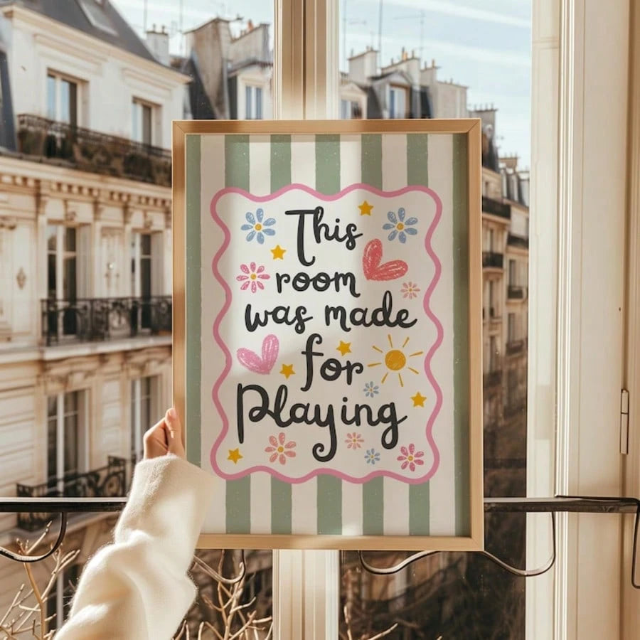 1pc This Room Is For Play Wall Art Print, Nursery Decor Quote Canvas Painting, Retro Striped Colorful Poster For Children's Bedroom, Playroom Decoration, Gift For New Parents And Toddlers, Frameless O