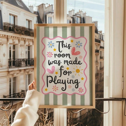 1pc This Room Is For Play Wall Art Print, Nursery Decor Quote Canvas Painting, Retro Striped Colorful Poster For Children's Bedroom, Playroom Decoration, Gift For New Parents And Toddlers, Frameless O