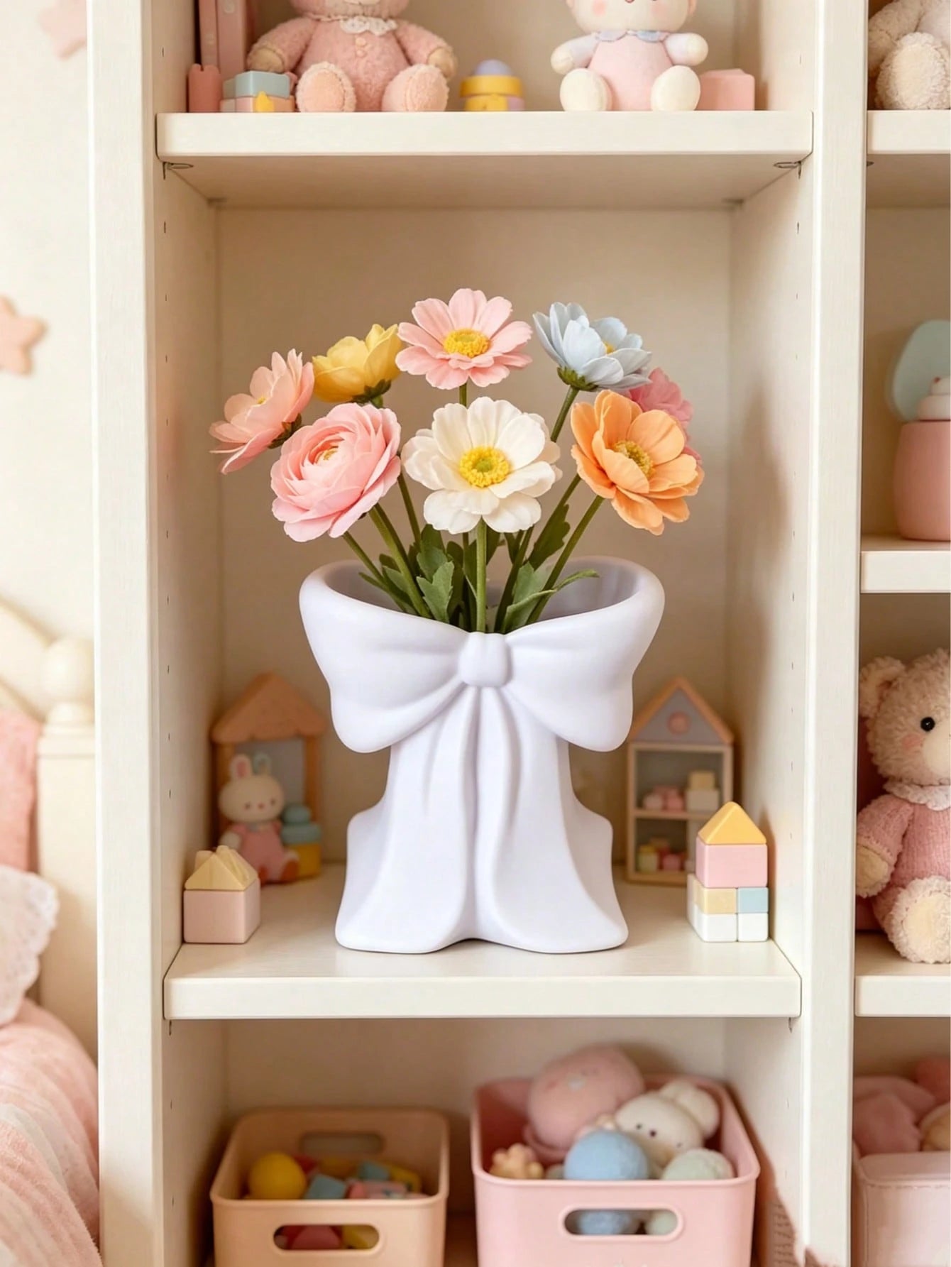 1pc Vase Decorated With A Bow, Sturdy And Durable,No Flower,For Baby Party Decoration,Kidsroom Decoration,Baby Gifts