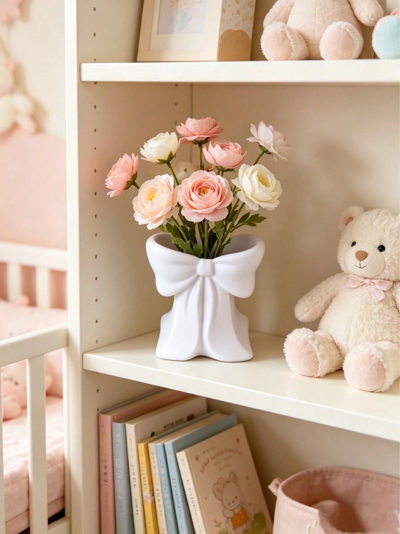 1pc Vase Decorated With A Bow, Sturdy And Durable,No Flower,For Baby Party Decoration,Kidsroom Decoration,Baby Gifts