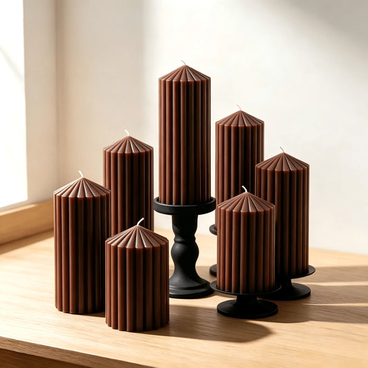1pc Vertical Striped Pillar Scented Soy Wax Candles, Brown Ridged Pyramid Top Aroma Candle Set, Minimalist French INS Autumn Home Decor, Romantic Candlelight Dinner Ornament, Wedding Holiday Photo Pro