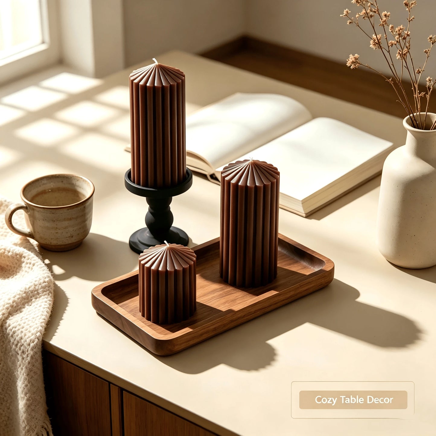1pc Vertical Striped Pillar Scented Soy Wax Candles, Brown Ridged Pyramid Top Aroma Candle Set, Minimalist French INS Autumn Home Decor, Romantic Candlelight Dinner Ornament, Wedding Holiday Photo Pro
