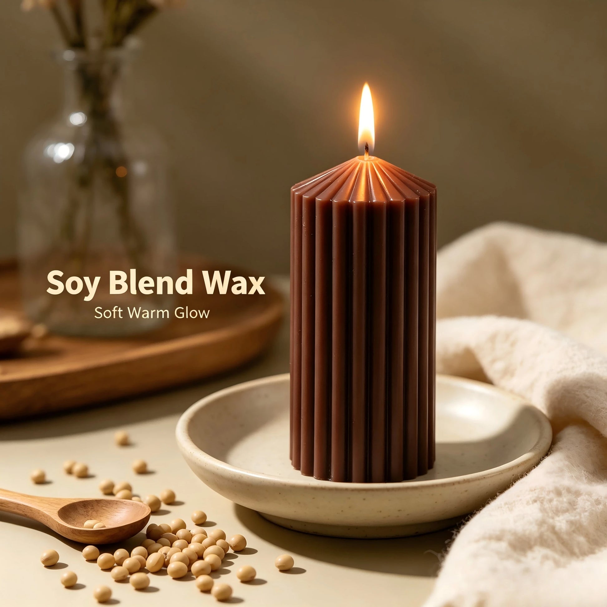 1pc Vertical Striped Pillar Scented Soy Wax Candles, Brown Ridged Pyramid Top Aroma Candle Set, Minimalist French INS Autumn Home Decor, Romantic Candlelight Dinner Ornament, Wedding Holiday Photo Pro