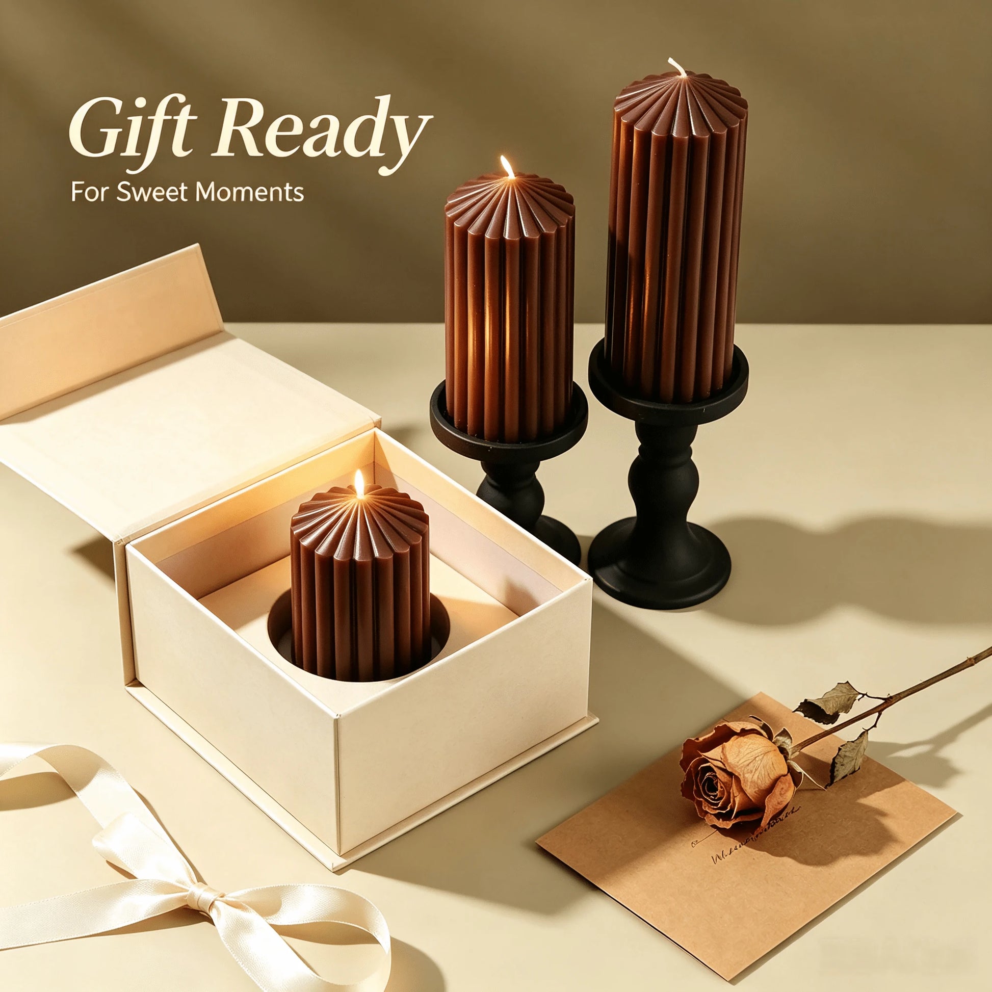 1pc Vertical Striped Pillar Scented Soy Wax Candles, Brown Ridged Pyramid Top Aroma Candle Set, Minimalist French INS Autumn Home Decor, Romantic Candlelight Dinner Ornament, Wedding Holiday Photo Pro