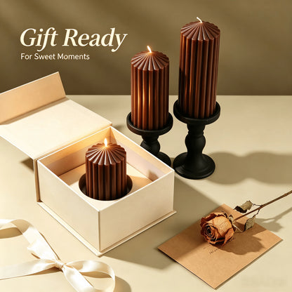 1pc Vertical Striped Pillar Scented Soy Wax Candles, Brown Ridged Pyramid Top Aroma Candle Set, Minimalist French INS Autumn Home Decor, Romantic Candlelight Dinner Ornament, Wedding Holiday Photo Pro