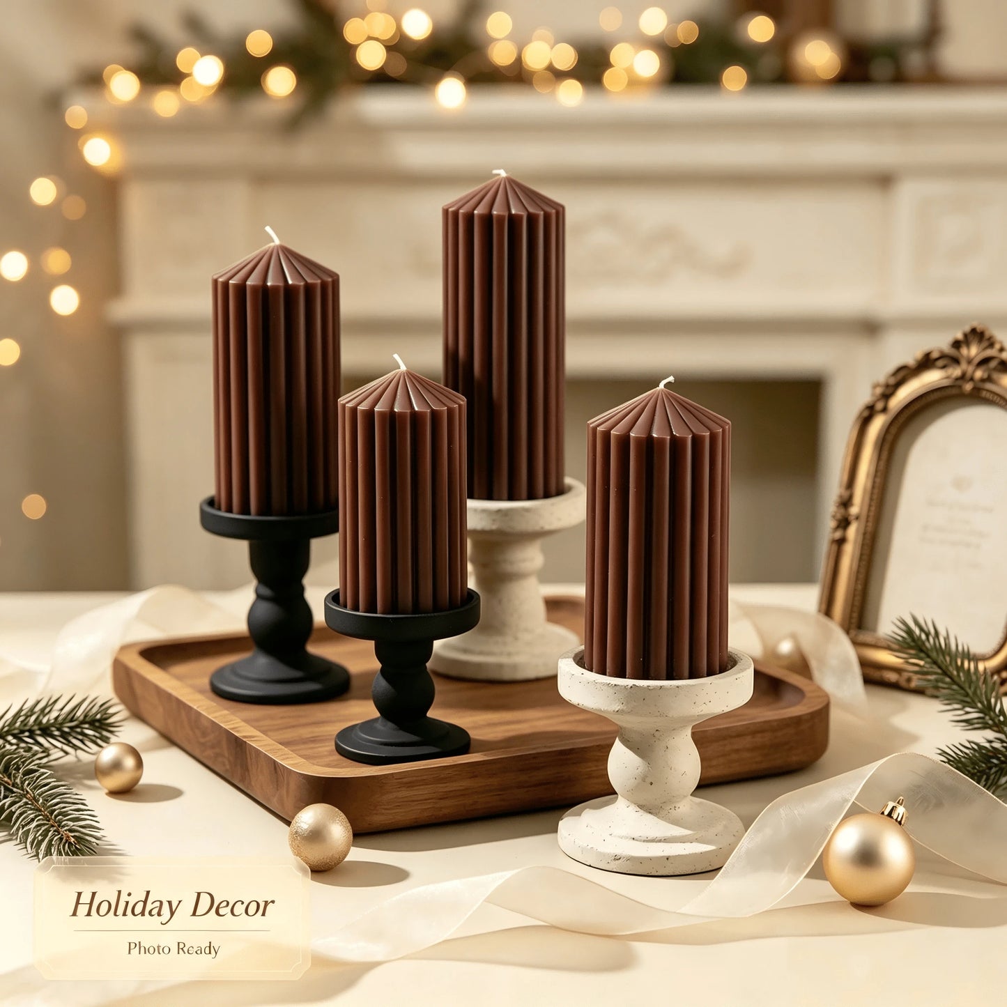 1pc Vertical Striped Pillar Scented Soy Wax Candles, Brown Ridged Pyramid Top Aroma Candle Set, Minimalist French INS Autumn Home Decor, Romantic Candlelight Dinner Ornament, Wedding Holiday Photo Pro