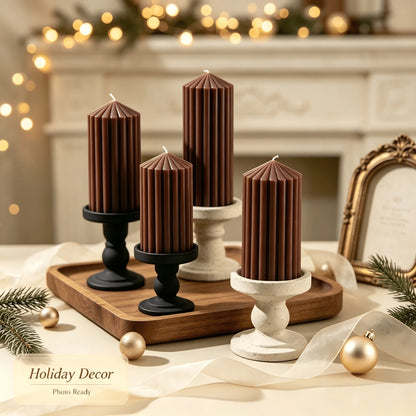 1pc Vertical Striped Pillar Scented Soy Wax Candles, Brown Ridged Pyramid Top Aroma Candle Set, Minimalist French INS Autumn Home Decor, Romantic Candlelight Dinner Ornament, Wedding Holiday Photo Pro