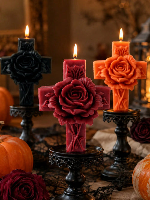 1pc Vintage Embossed Rose Cross-Shaped Scented Soy Wax Candle, Handmade Gothic Relief Pillar Candle, For Religious Decor, Memorial Gift, Candle Holder Matching, Halloween Table Candle, Sympathy Gift F
