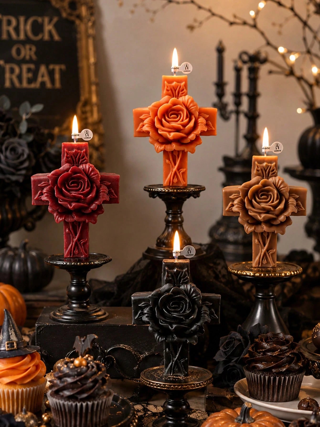 1pc Vintage Embossed Rose Cross-Shaped Scented Soy Wax Candle, Handmade Gothic Relief Pillar Candle, For Religious Decor, Memorial Gift, Candle Holder Matching, Halloween Table Candle, Sympathy Gift F