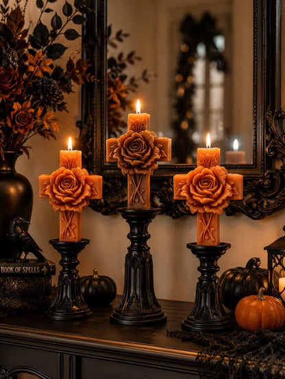 1pc Vintage Embossed Rose Cross-Shaped Scented Soy Wax Candle, Handmade Gothic Relief Pillar Candle, For Religious Decor, Memorial Gift, Candle Holder Matching, Halloween Table Candle, Sympathy Gift F