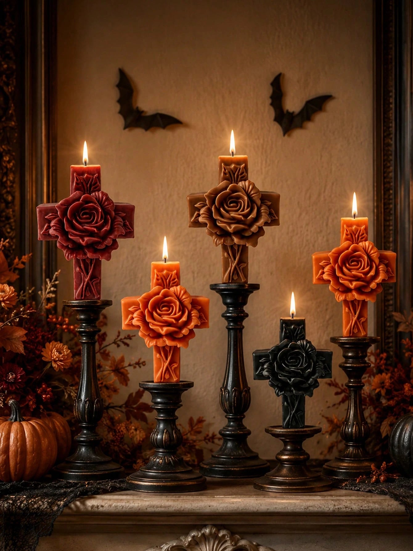 1pc Vintage Embossed Rose Cross-Shaped Scented Soy Wax Candle, Handmade Gothic Relief Pillar Candle, For Religious Decor, Memorial Gift, Candle Holder Matching, Halloween Table Candle, Sympathy Gift F