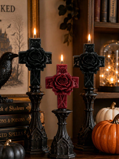 1pc Vintage Embossed Rose Cross-Shaped Scented Soy Wax Candle, Handmade Gothic Relief Pillar Candle, For Religious Decor, Memorial Gift, Candle Holder Matching, Halloween Table Candle, Sympathy Gift F