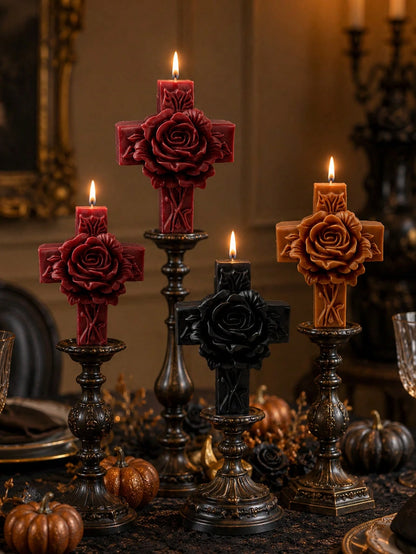 1pc Vintage Embossed Rose Cross-Shaped Scented Soy Wax Candle, Handmade Gothic Relief Pillar Candle, For Religious Decor, Memorial Gift, Candle Holder Matching, Halloween Table Candle, Sympathy Gift F