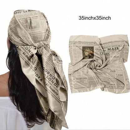 1PC Vintage Newspaper Headscarf Scarf For Women- Soft Head Scarf, Casual Bandana,Hair Wrap, Neck Scarf, Shawl- Fashion Accessories For Women