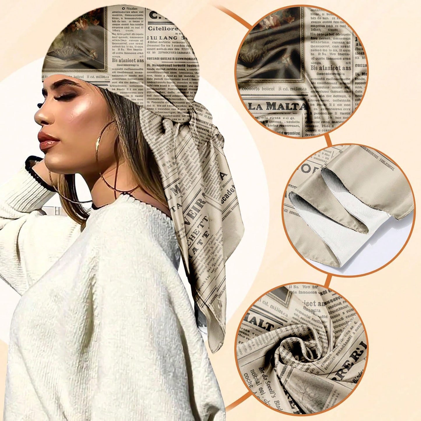 1PC Vintage Newspaper Headscarf Scarf For Women- Soft Head Scarf, Casual Bandana,Hair Wrap, Neck Scarf, Shawl- Fashion Accessories For Women