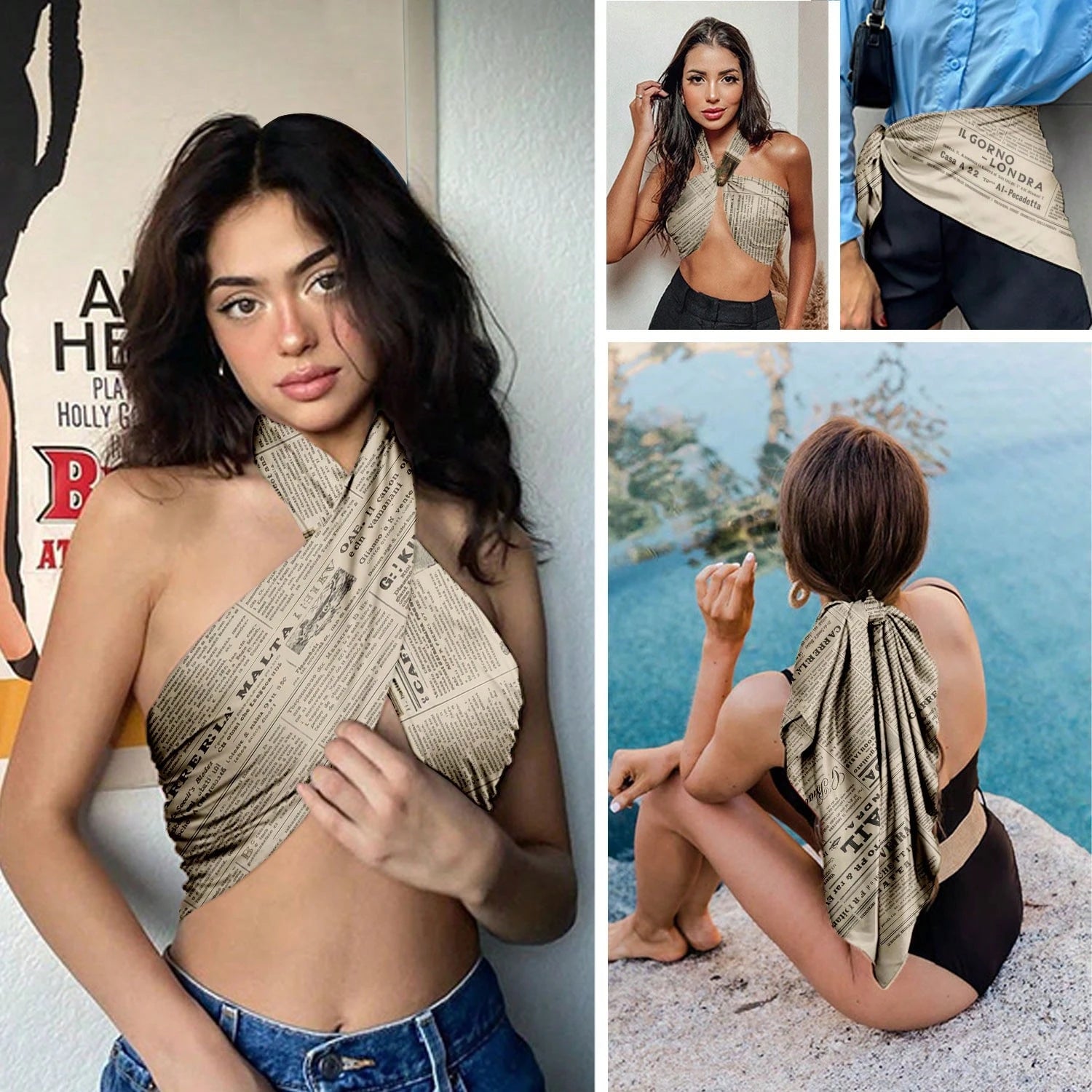 1PC Vintage Newspaper Headscarf Scarf For Women- Soft Head Scarf, Casual Bandana,Hair Wrap, Neck Scarf, Shawl- Fashion Accessories For Women
