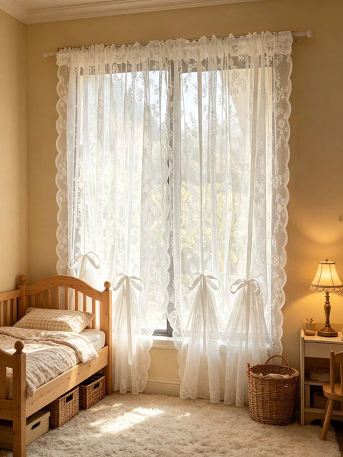 1pc White Floral Sheer Lace Curtain With Drawstring Design, No Drilling Required, Lightweight, Suitable For Baby Shower Decoration, Gender Reveal Decoration, Children's Room Decoration