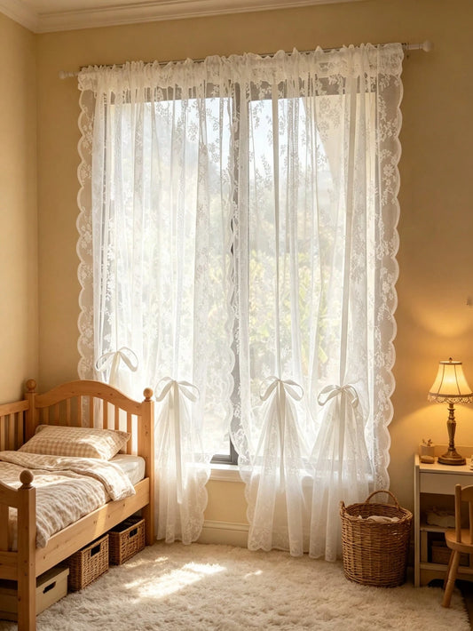 1pc White Floral Sheer Lace Curtain With Drawstring Design, No Drilling Required, Lightweight, Suitable For Baby Shower Decoration, Gender Reveal Decoration, Children's Room Decoration