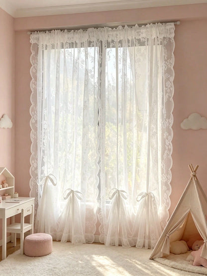 1pc White Floral Sheer Lace Curtain With Drawstring Design, No Drilling Required, Lightweight, Suitable For Baby Shower Decoration, Gender Reveal Decoration, Children's Room Decoration
