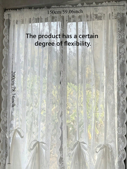 1pc White Floral Sheer Lace Curtain With Drawstring Design, No Drilling Required, Lightweight, Suitable For Baby Shower Decoration, Gender Reveal Decoration, Children's Room Decoration