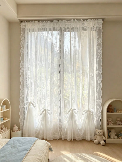 1pc White Floral Sheer Lace Curtain With Drawstring Design, No Drilling Required, Lightweight, Suitable For Baby Shower Decoration, Gender Reveal Decoration, Children's Room Decoration