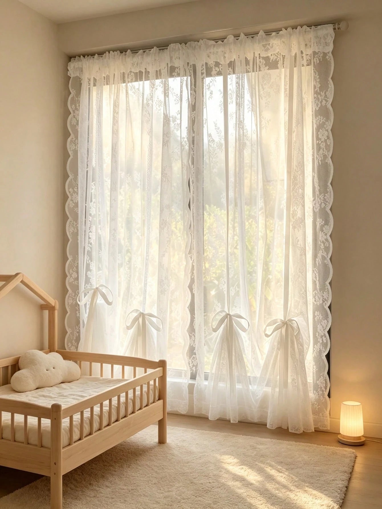 1pc White Floral Sheer Lace Curtain With Drawstring Design, No Drilling Required, Lightweight, Suitable For Baby Shower Decoration, Gender Reveal Decoration, Children's Room Decoration