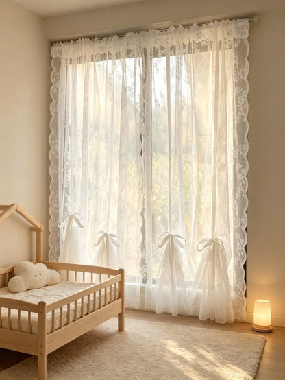 1pc White Floral Sheer Lace Curtain With Drawstring Design, No Drilling Required, Lightweight, Suitable For Baby Shower Decoration, Gender Reveal Decoration, Children's Room Decoration