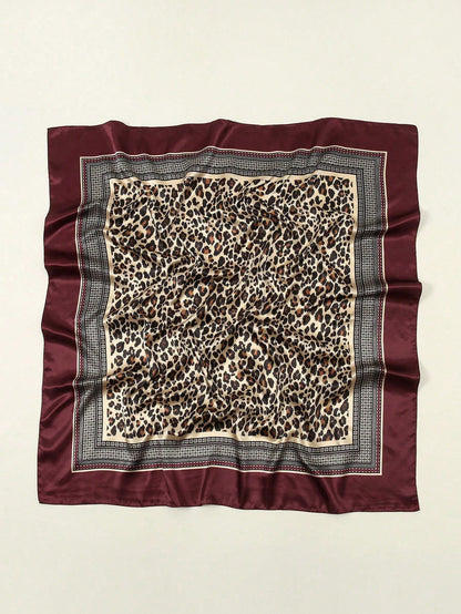 1pc Women's 90CM Fashion Scarf With Leopard Print, Satin Square Bandana Headscarf, Spring/Summer